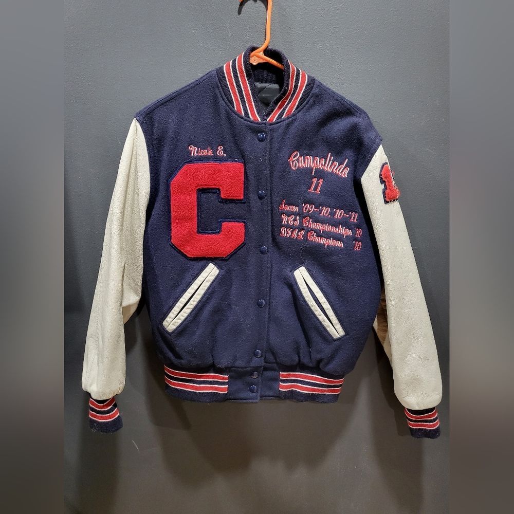 Ladies Wool and Leather Sleeve Varsity Coat Embroidery and Patches Holloway M